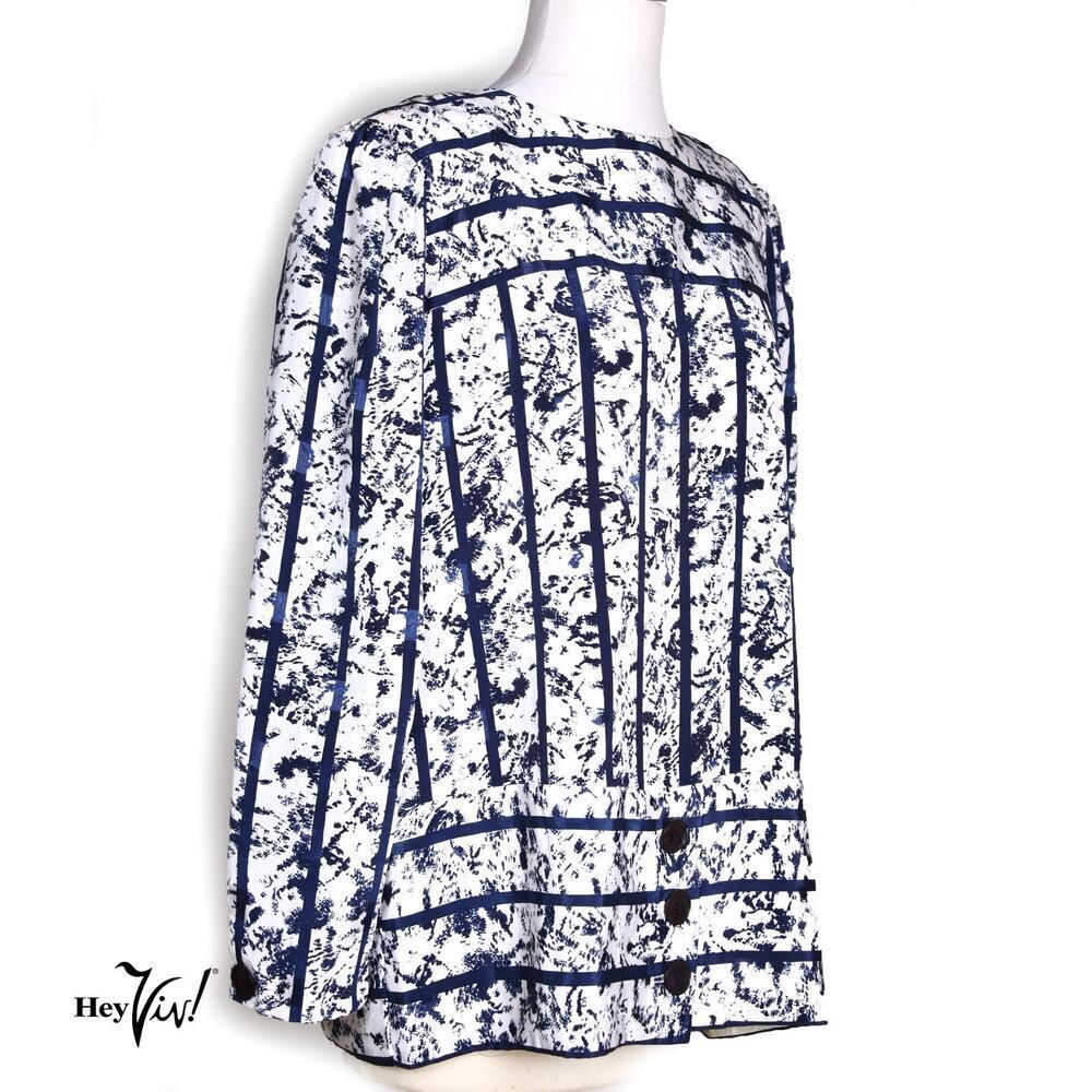 Vintage 80s Lady Carol Blue White Abstract Blouse Sz 16 Long Sleeve B44 –Hey Viv